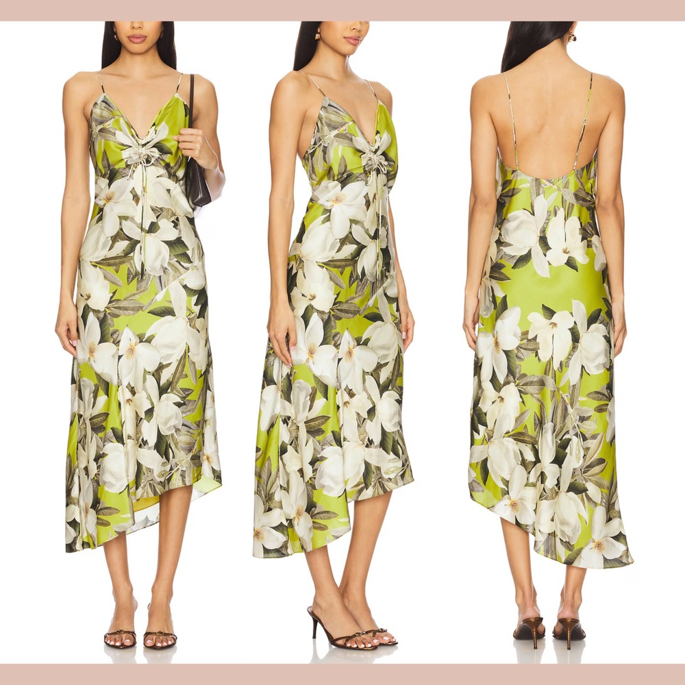 NEW $299 ALLSAINTS [‎ 6 US ] Alexia Floral Satin Midi Slipdress Stem Green U1418